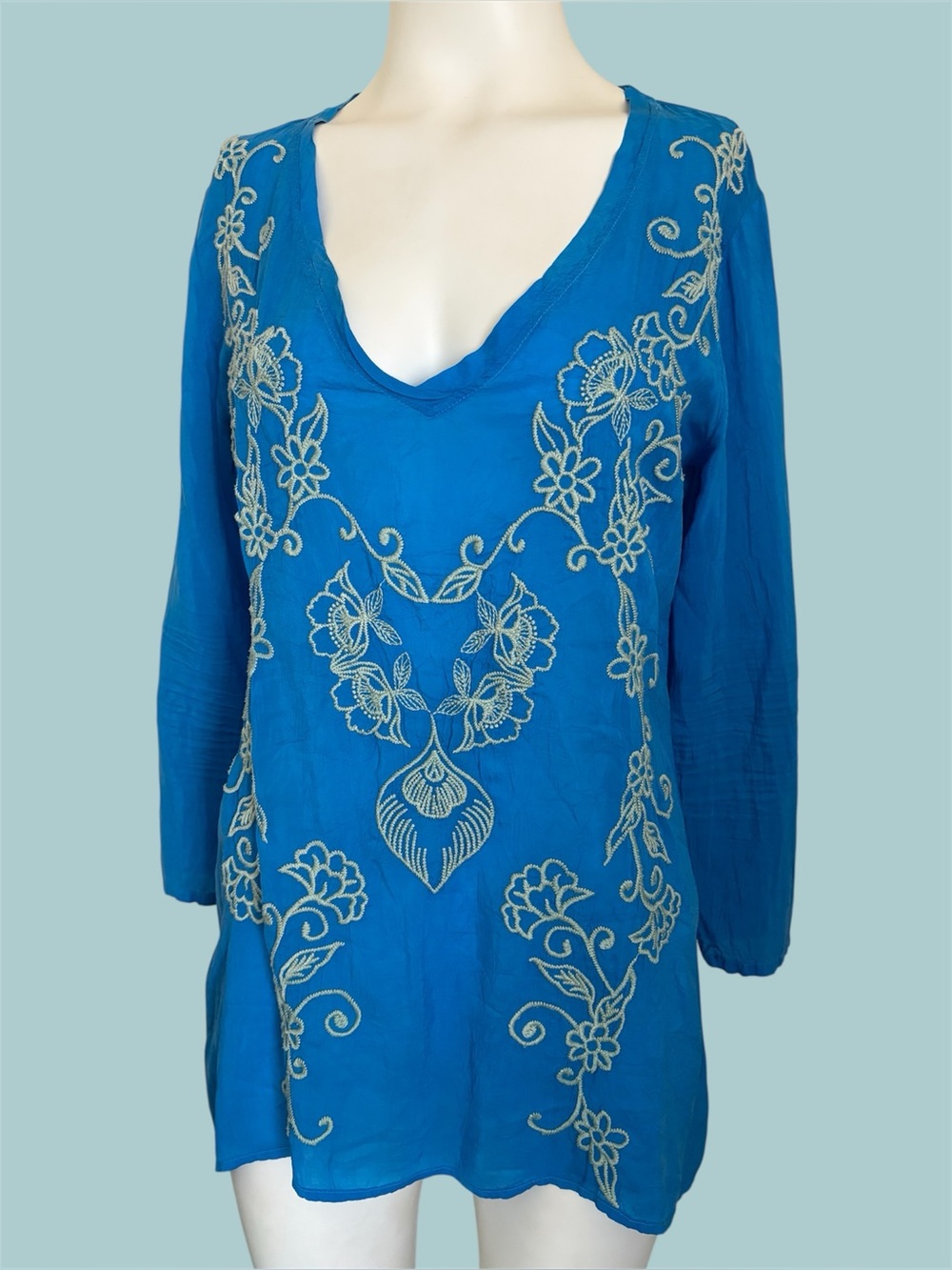 Vintage Johnny Was Turquoise Blue Boho Embroidered Crinkle Rayon Tunic Blouse S